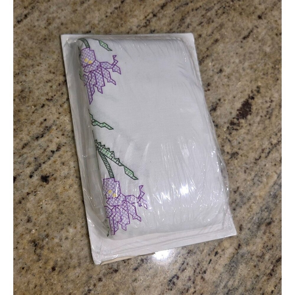 New! JANLYNN Pillowcase Pair #021-0278 IRIS TRIO Purple Flower Crosstitch - Picture 5 of 6